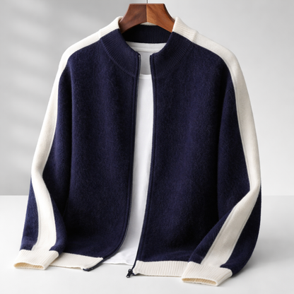 Men's Zip-Up Knit Jacket Contrast Sleeve Ribbed Collar Autumn Winter