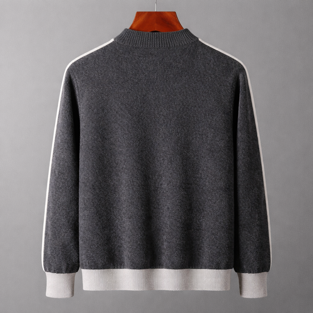 Men's Zip-Up Knit Jacket Contrast Sleeve Ribbed Collar Autumn Winter