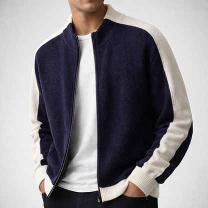 Men's Zip-Up Knit Jacket Contrast Sleeve Ribbed Collar Autumn Winter