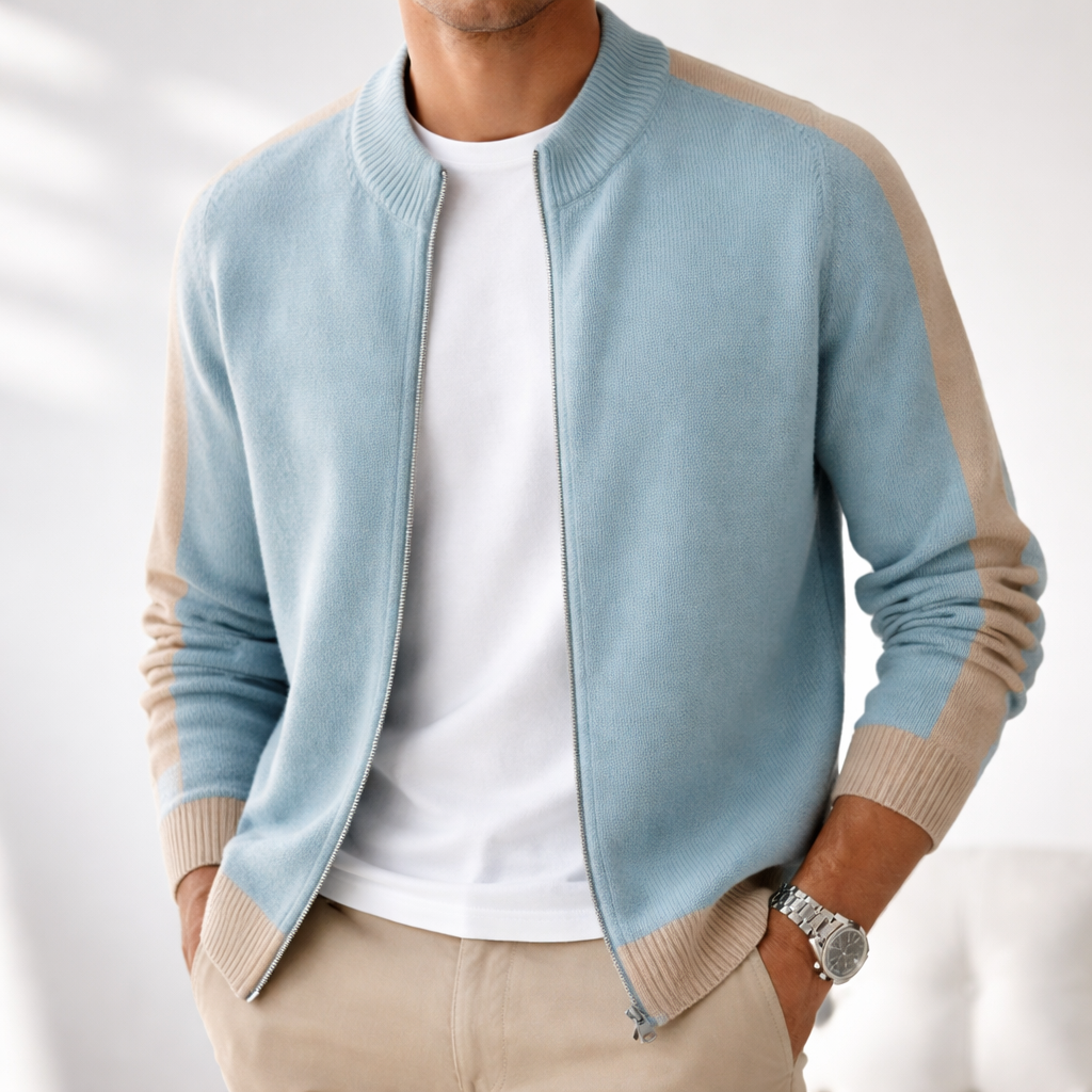 Men's Zip-Up Knit Jacket Contrast Sleeve Ribbed Collar Autumn Winter
