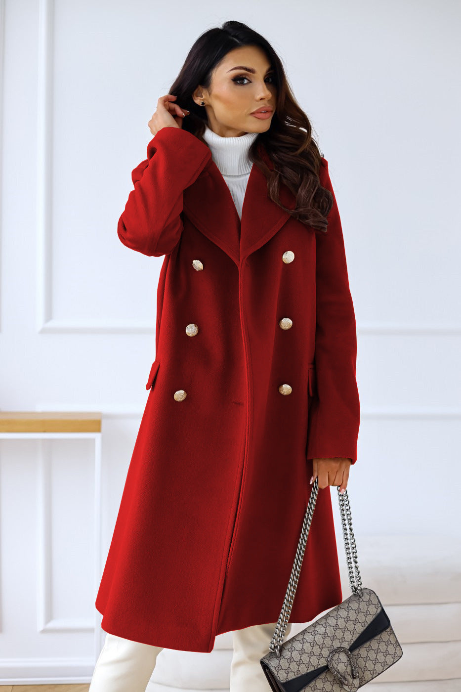 Women's Double Breasted Coat Gold Button Mid-Length A-Line Wide Lapel