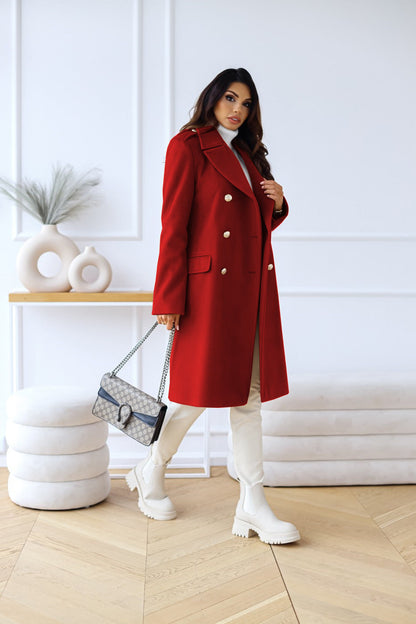 Women's Double Breasted Coat Gold Button Mid-Length A-Line Wide Lapel