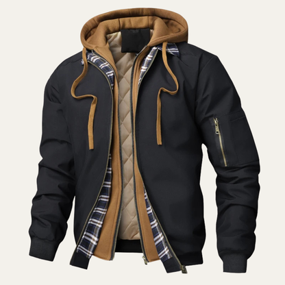 Men's Hooded Bomber Jacket Quilted Lining Plaid Zip Navy Black