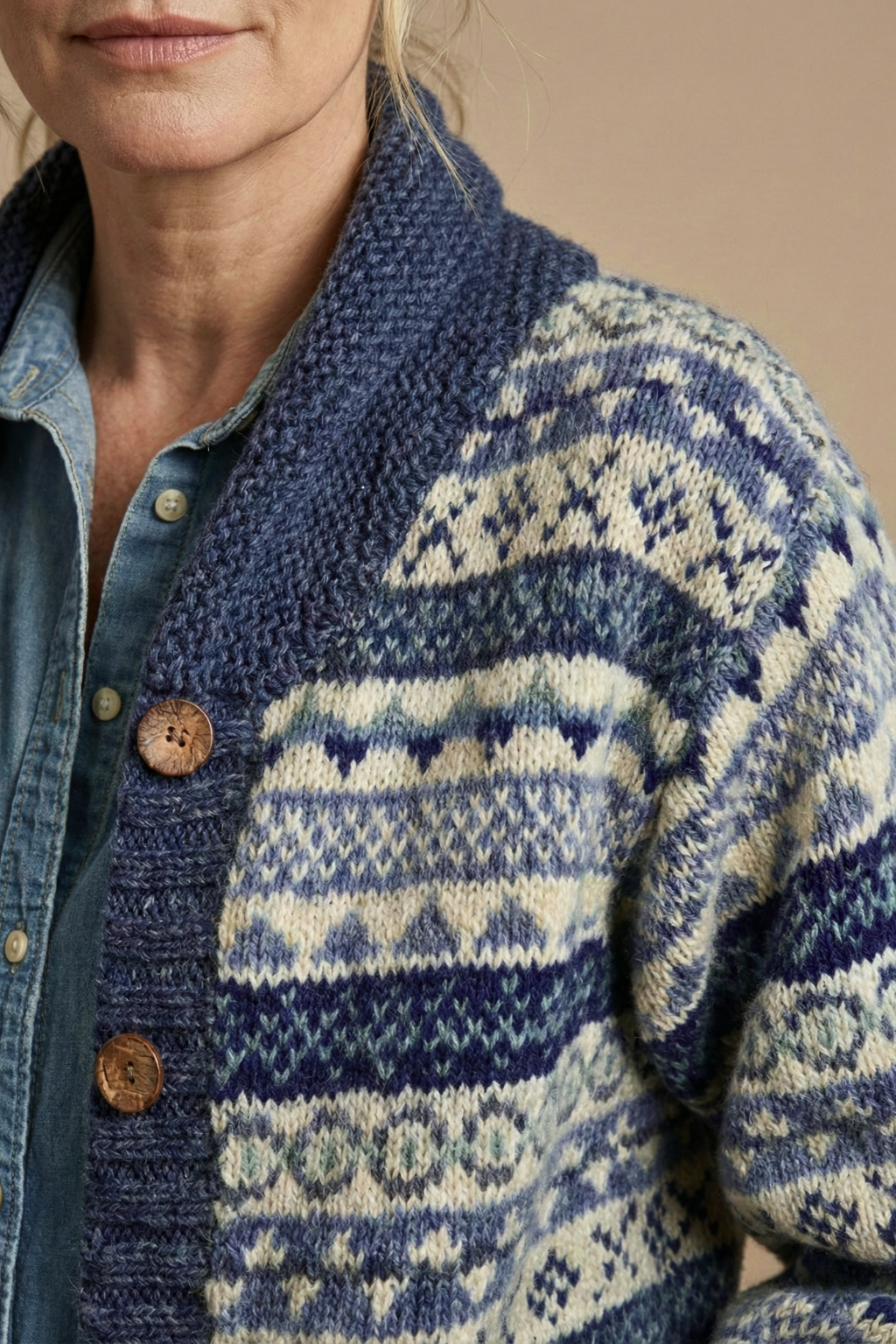 Women's Fair Isle Cardigan Shawl Collar Button Front Knit Relaxed Fit