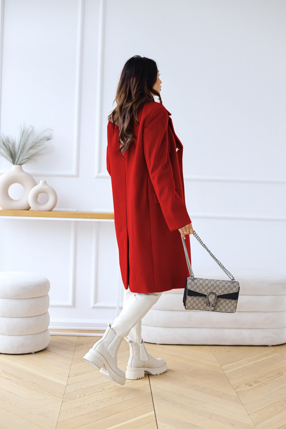 Women's Double Breasted Coat Gold Button Mid-Length A-Line Wide Lapel