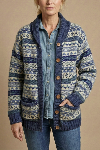 Women's Fair Isle Cardigan Shawl Collar Button Front Knit Relaxed Fit