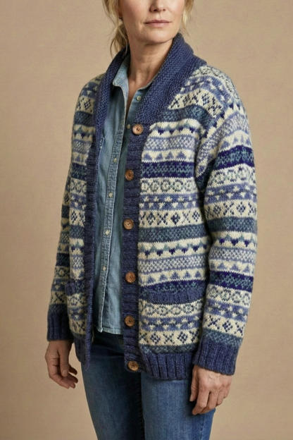 Women's Fair Isle Cardigan Shawl Collar Button Front Knit Relaxed Fit