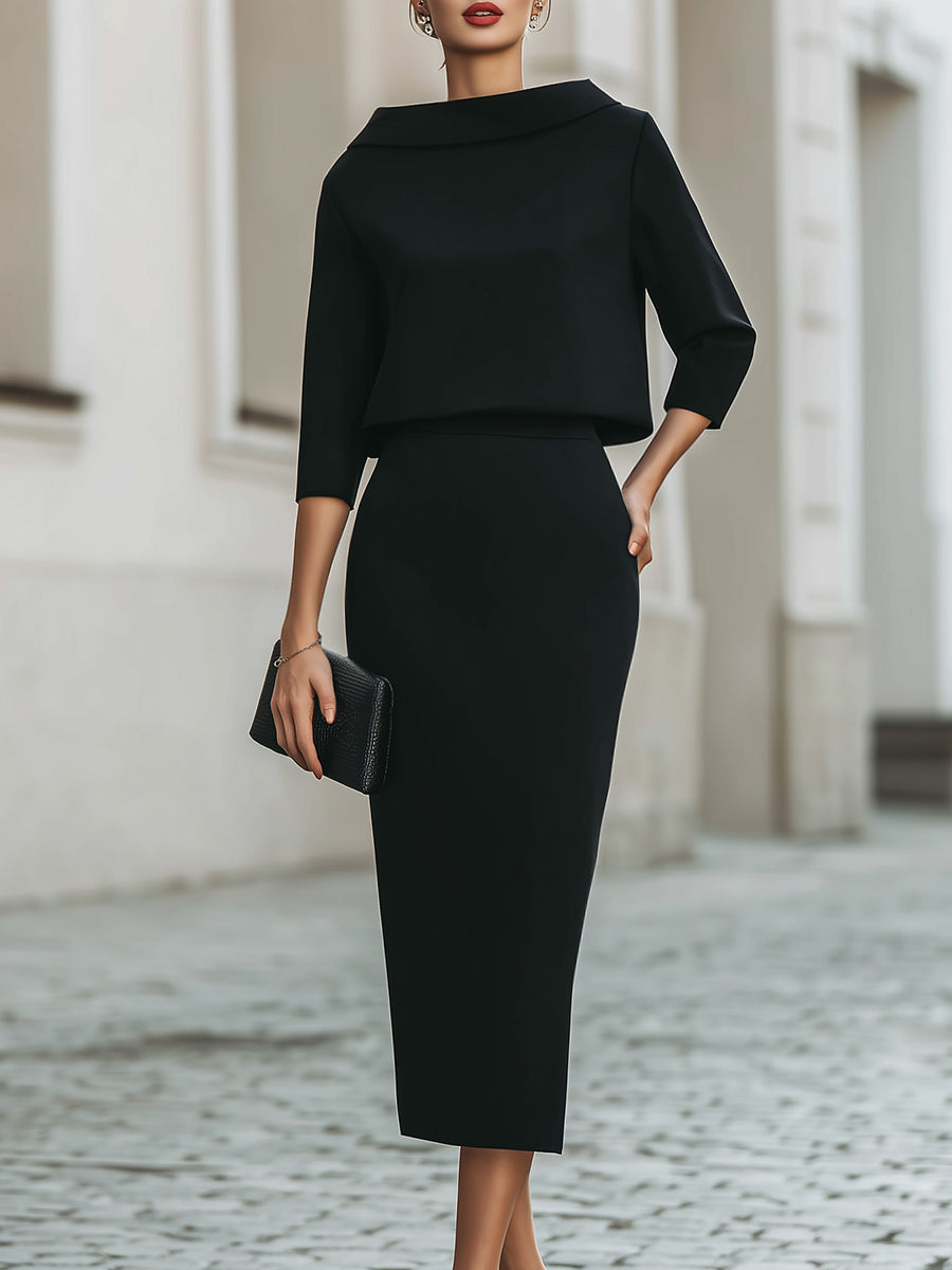 Women's Two Piece Set Cowl Neck Top Bodycon Midi Skirt Evening Formal