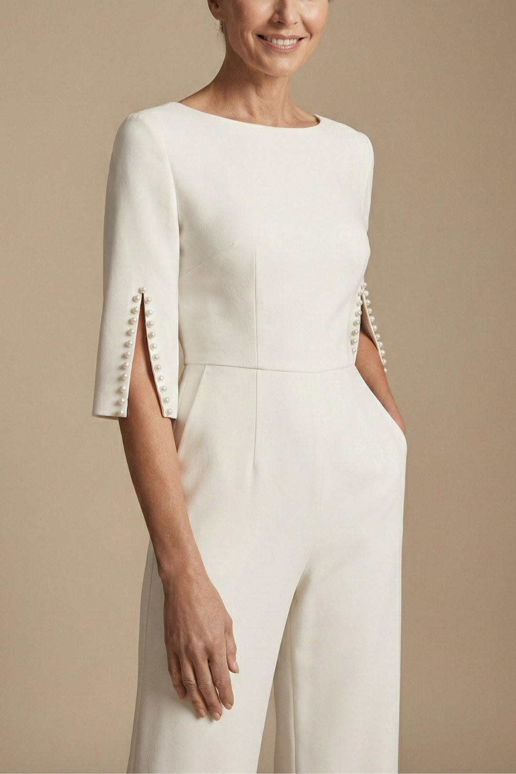 Women's Wide Leg Jumpsuit Boat Neck Pearl Sleeve Detail Smart Casual