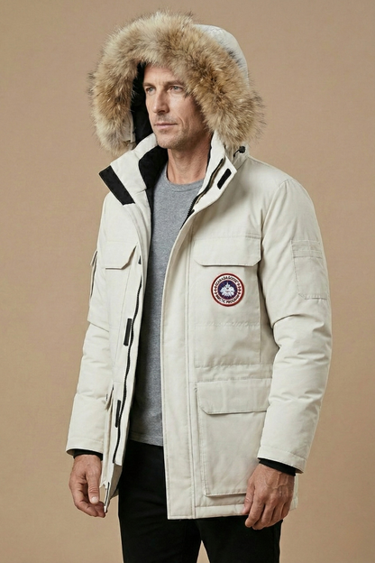 Men's Fur-Trim Hooded Parka Insulated Winter Jacket Utility Pockets