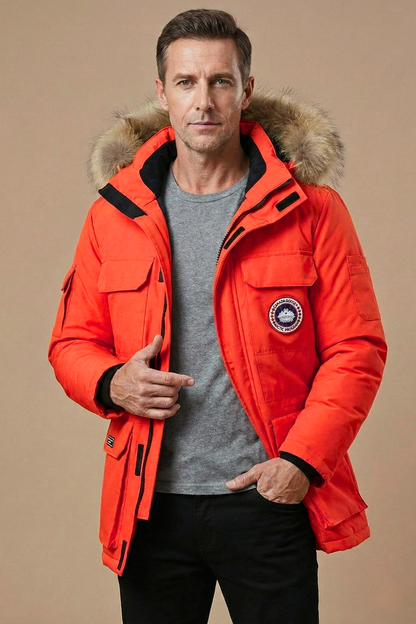 Men's Fur-Trim Hooded Parka Insulated Winter Jacket Utility Pockets