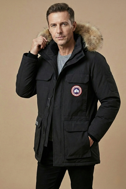 Men's Fur-Trim Hooded Parka Insulated Winter Jacket Utility Pockets