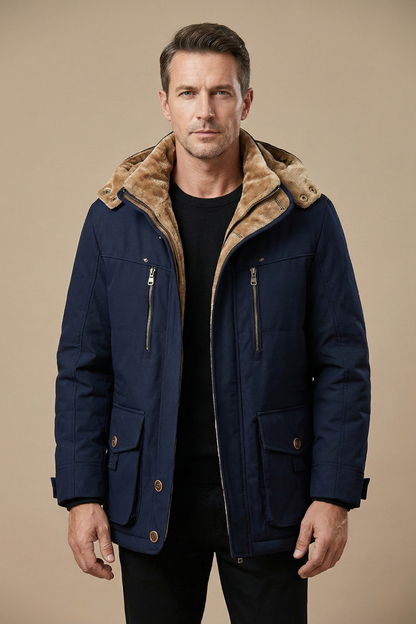 Men's Winter Parka Jacket Insulated Hooded Utility Zip Button Closure