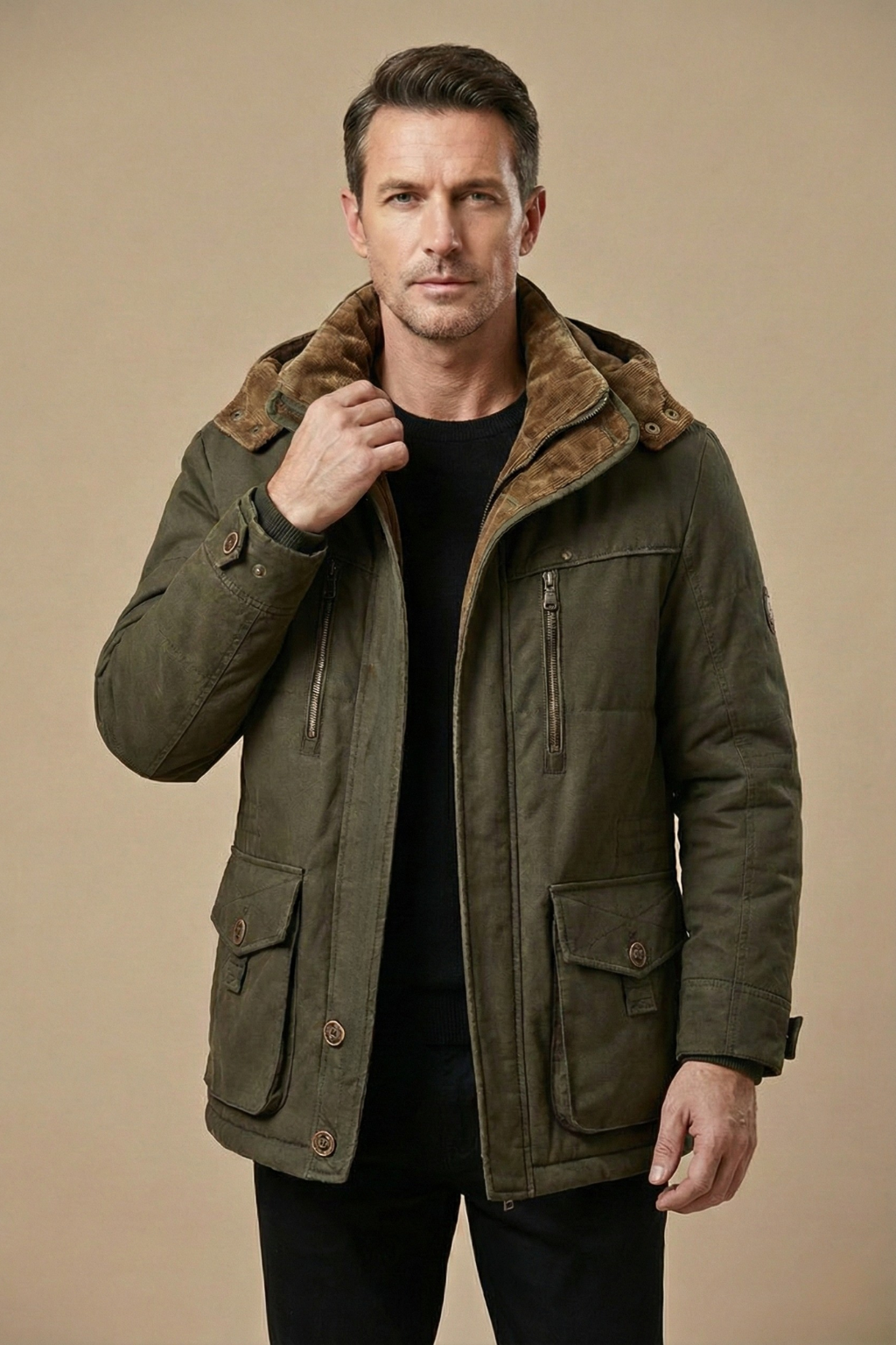 Men's Winter Parka Jacket Insulated Hooded Utility Zip Button Closure