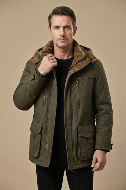 Men's Winter Parka Jacket Insulated Hooded Utility Zip Button Closure