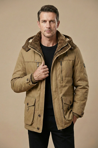 Men's Winter Parka Jacket Insulated Hooded Utility Zip Button Closure