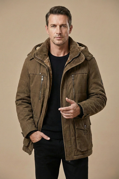 Men's Winter Parka Jacket Insulated Hooded Utility Zip Button Closure
