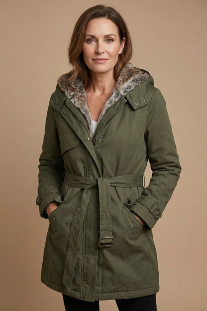 Women's Hooded Mid-Length Parka Faux Fur Lined Belted Winter Coat