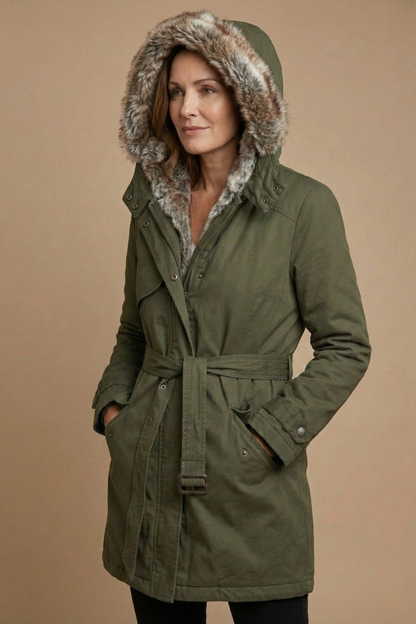 Women's Hooded Mid-Length Parka Faux Fur Lined Belted Winter Coat