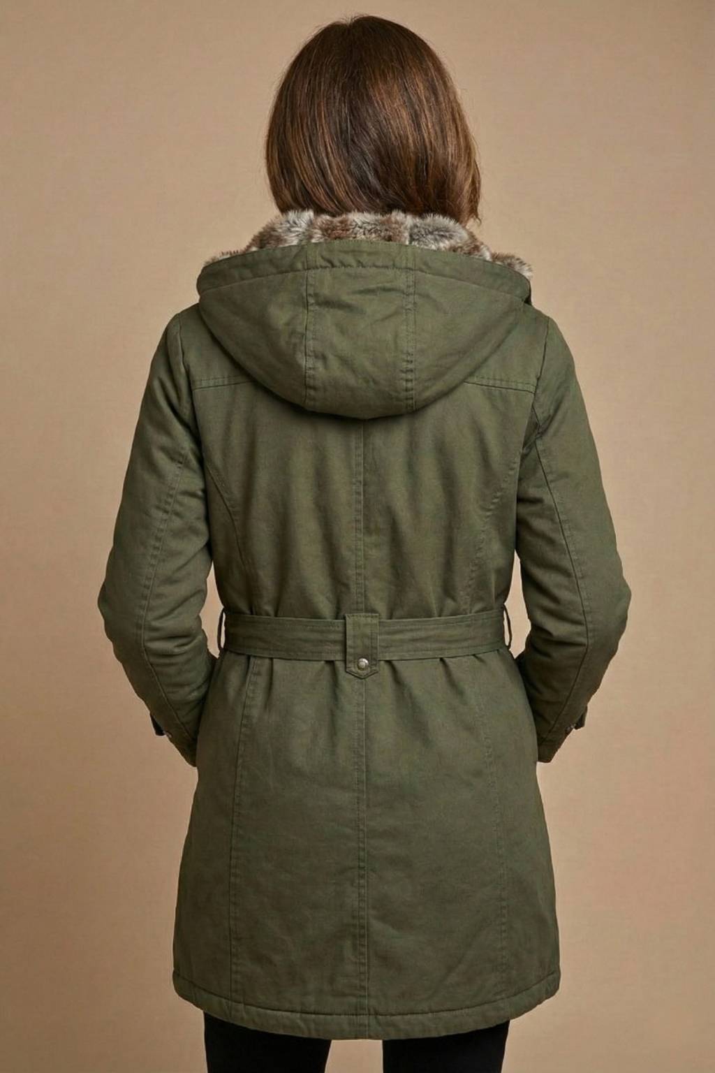 Women's Hooded Mid-Length Parka Faux Fur Lined Belted Winter Coat
