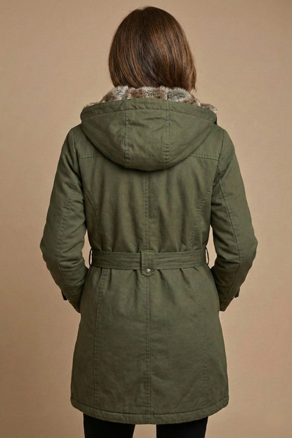 Women's Hooded Mid-Length Parka Faux Fur Lined Belted Winter Coat