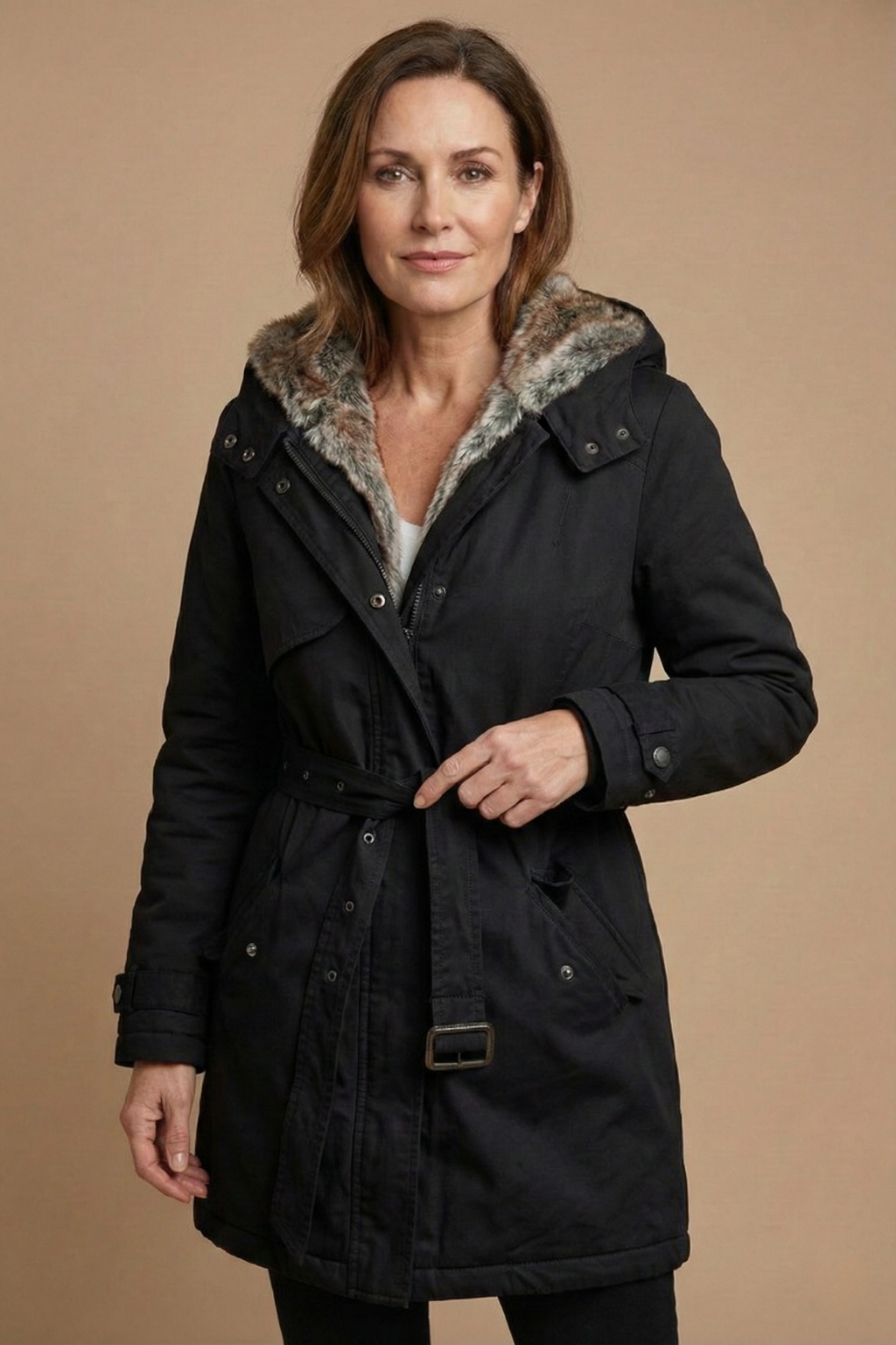 Women's Hooded Mid-Length Parka Faux Fur Lined Belted Winter Coat