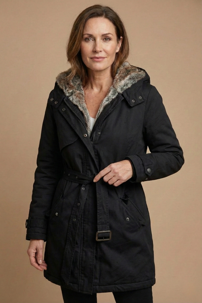 Women's Hooded Mid-Length Parka Faux Fur Lined Belted Winter Coat