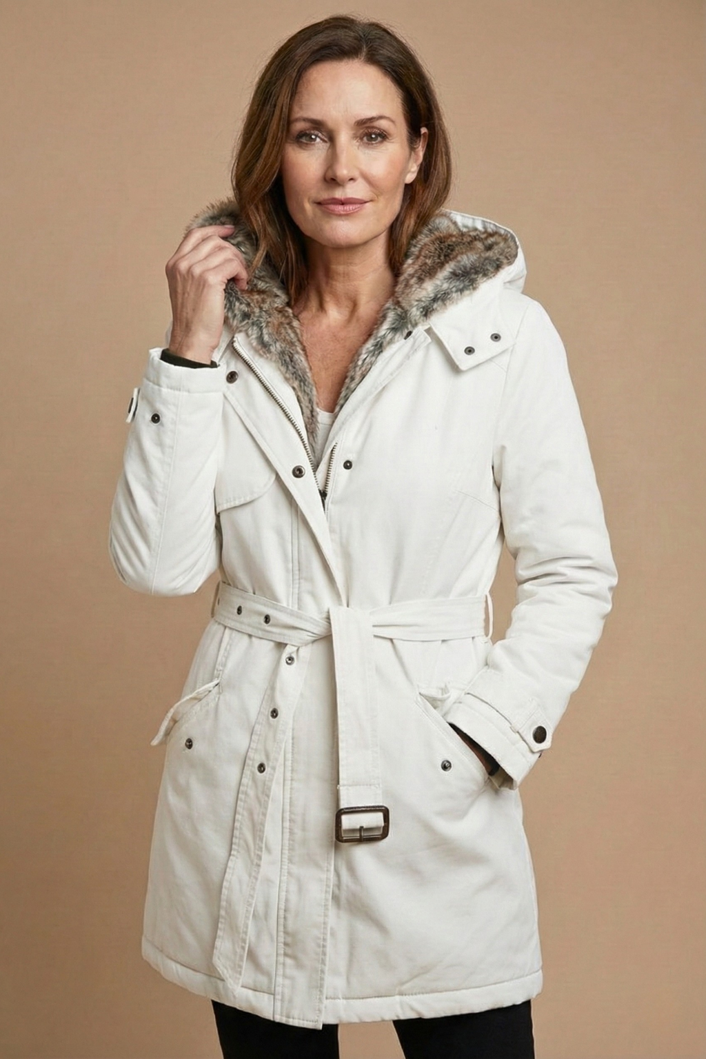 Women's Hooded Mid-Length Parka Faux Fur Lined Belted Winter Coat