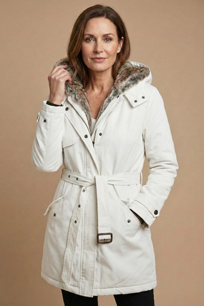 Women's Hooded Mid-Length Parka Faux Fur Lined Belted Winter Coat