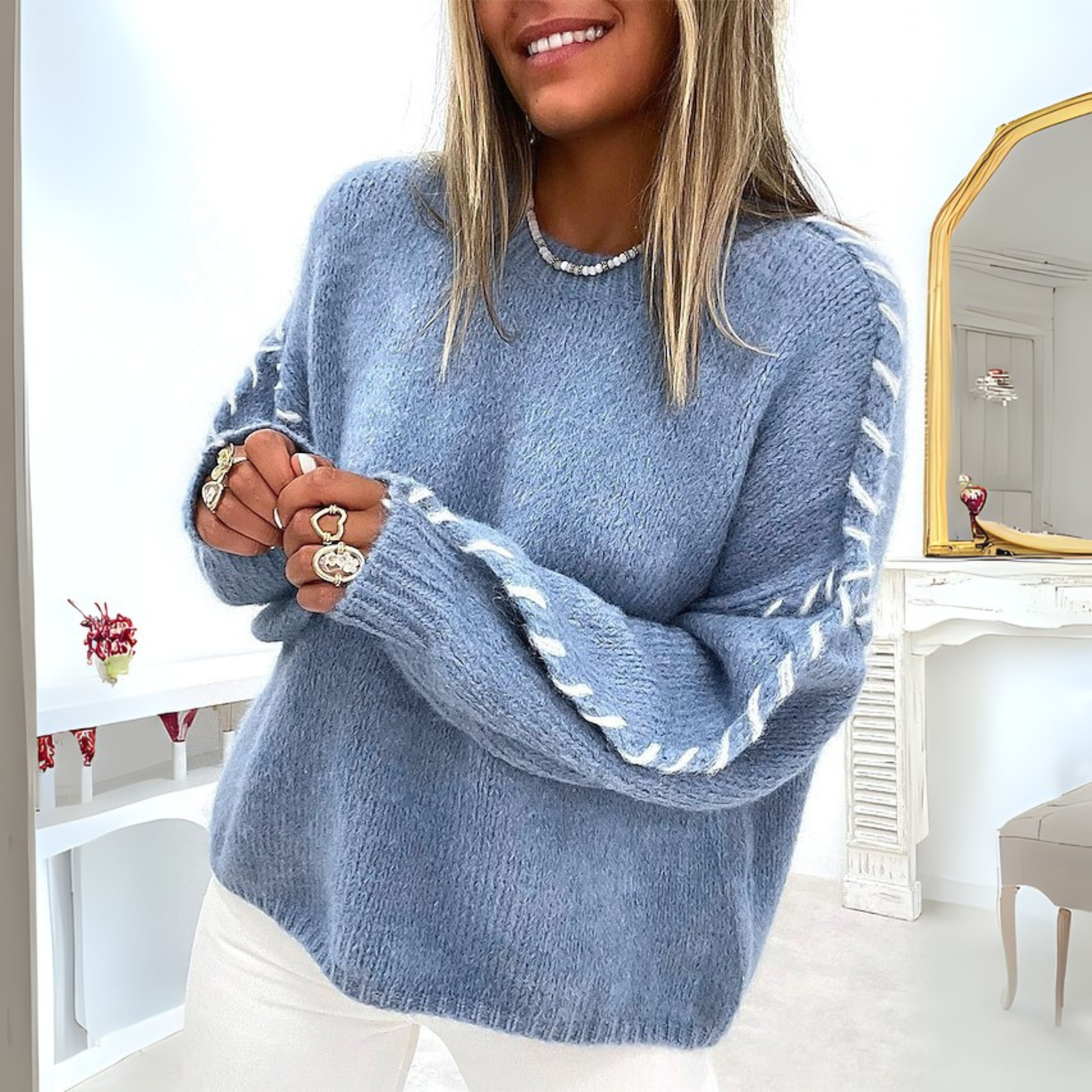 Women's Long Sleeve Round Neck Sweater Cosy Soft Knit Jumper Casual Everyday Relaxed Fit Blue White Black