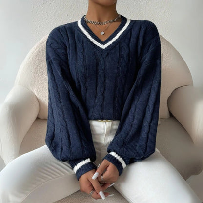 Women's V-Neck Knit Sweater – Relaxed Long-Sleeve All-Season Pullover