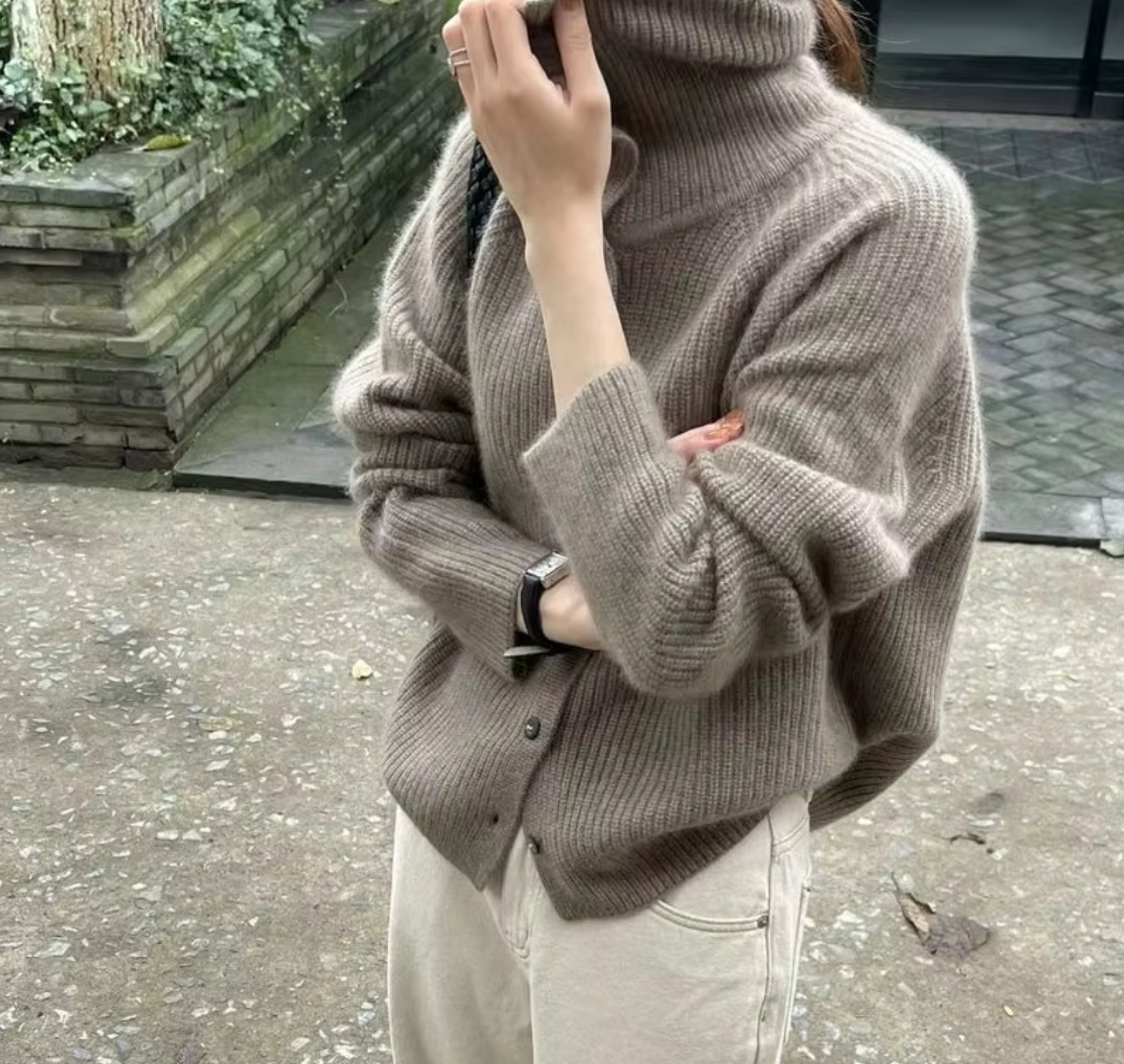 Women's Turtleneck Cardigan Button Front Ribbed Knit Oversized Polo Neck