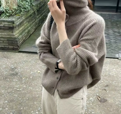 Women's Turtleneck Cardigan Button Front Ribbed Knit Oversized Polo Neck