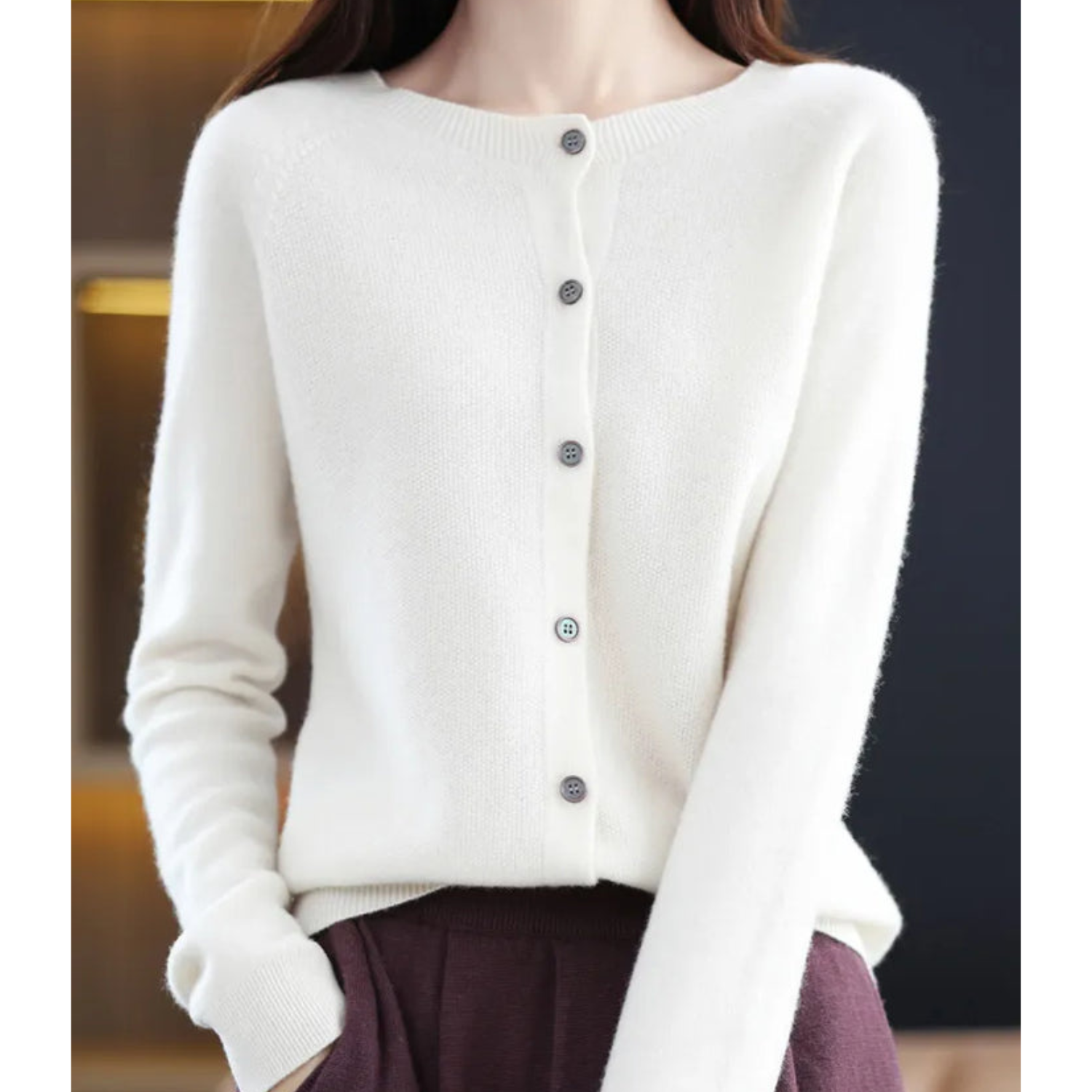 Women's Merino Wool Cardigan O-Neck Cashmere Jumper Warm Knit