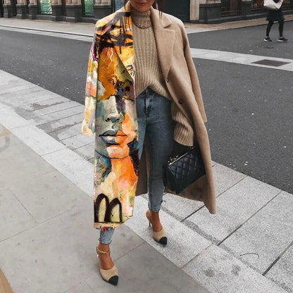 Women's Wool Coat Long Designer Pattern Elegant Warm Dress Outerwear