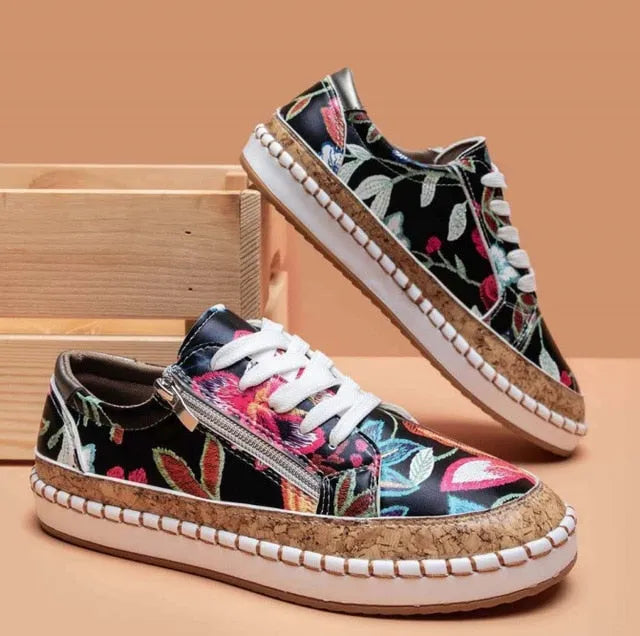 Women's Lace-Up Sneakers Low-Top Casual Shoes with Side Zip Platform