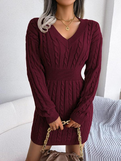 Women's Cable Knit Sweater Dress Long Sleeve V-Neck Cosy Knitted Midi Dress Casual Winter Warm Jumper Dress Autumn Everyday