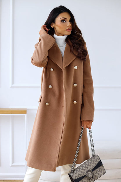 Women's Double Breasted Coat Gold Button Mid-Length A-Line Wide Lapel