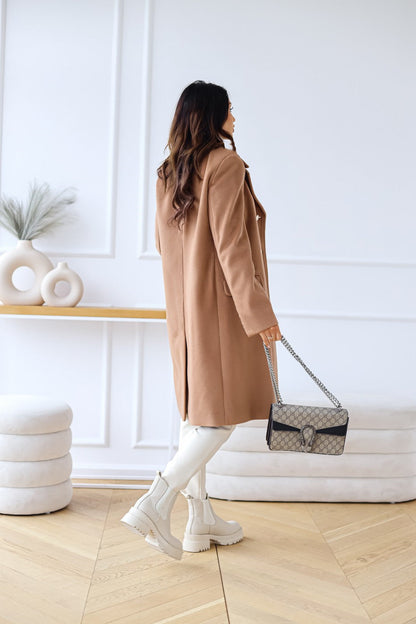 Women's Double Breasted Coat Gold Button Mid-Length A-Line Wide Lapel