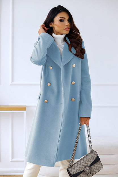 Women's Double Breasted Coat Gold Button Mid-Length A-Line Wide Lapel