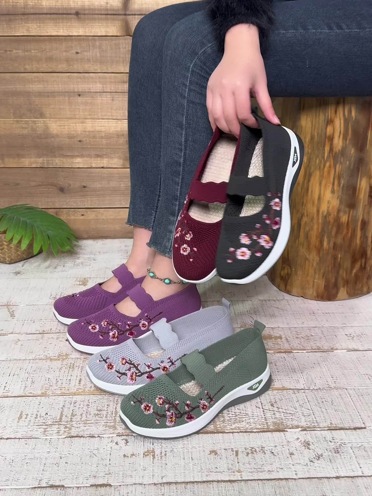 Women's Floral Support Sneakers Black Comfortable Everyday Casual Shoes