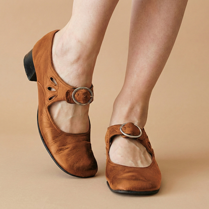 Women's Mary Jane Shoes Leather Buckle Strap Low Block Heel
