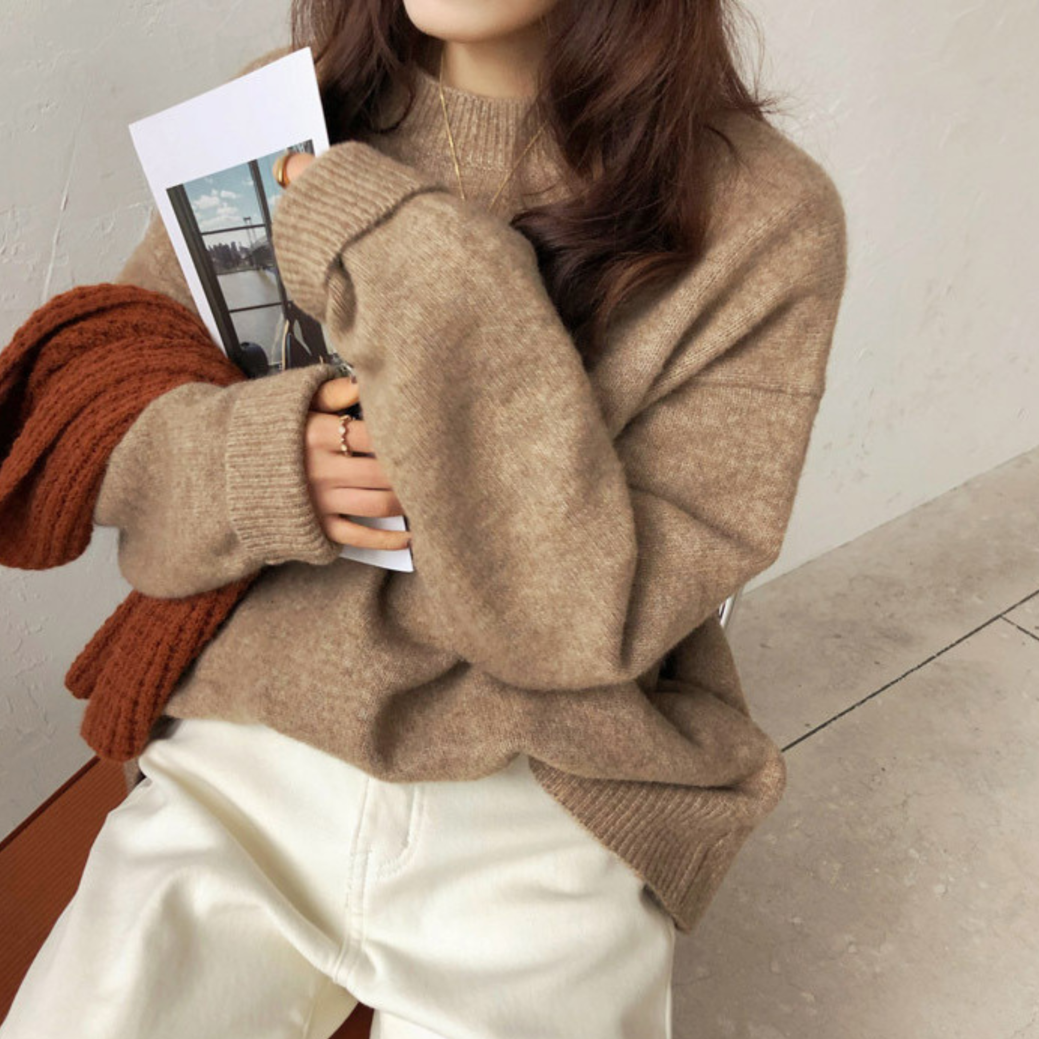 Sweater Women Casual Long Sleeve Round Neck Relaxed Fit Everyday Pullover Camel Khaki Black Pink