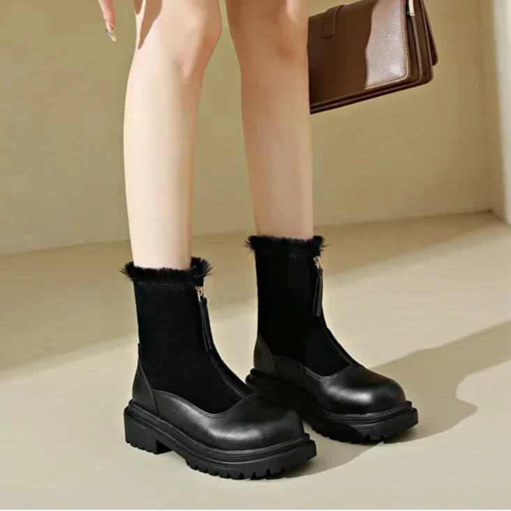 Women's Winter Boots Snow Shoes Chunky Sole Front Zip Warm Casual