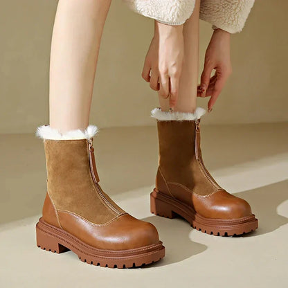 Women's Winter Boots Snow Shoes Chunky Sole Front Zip Warm Casual