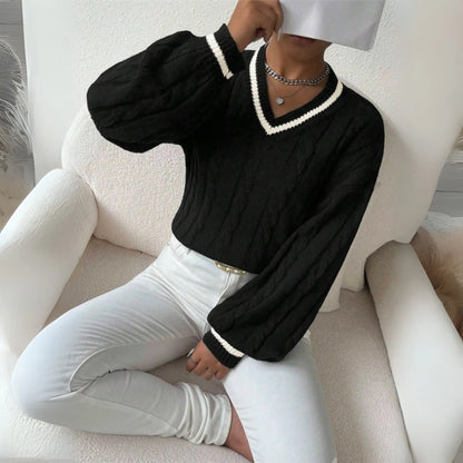 Women's V-Neck Knit Sweater – Relaxed Long-Sleeve All-Season Pullover
