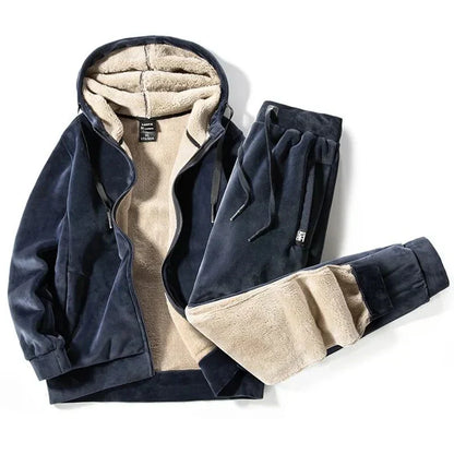 Men's Tracksuit Two Piece Set Fleece Hooded Jacket Tapered Joggers Winter