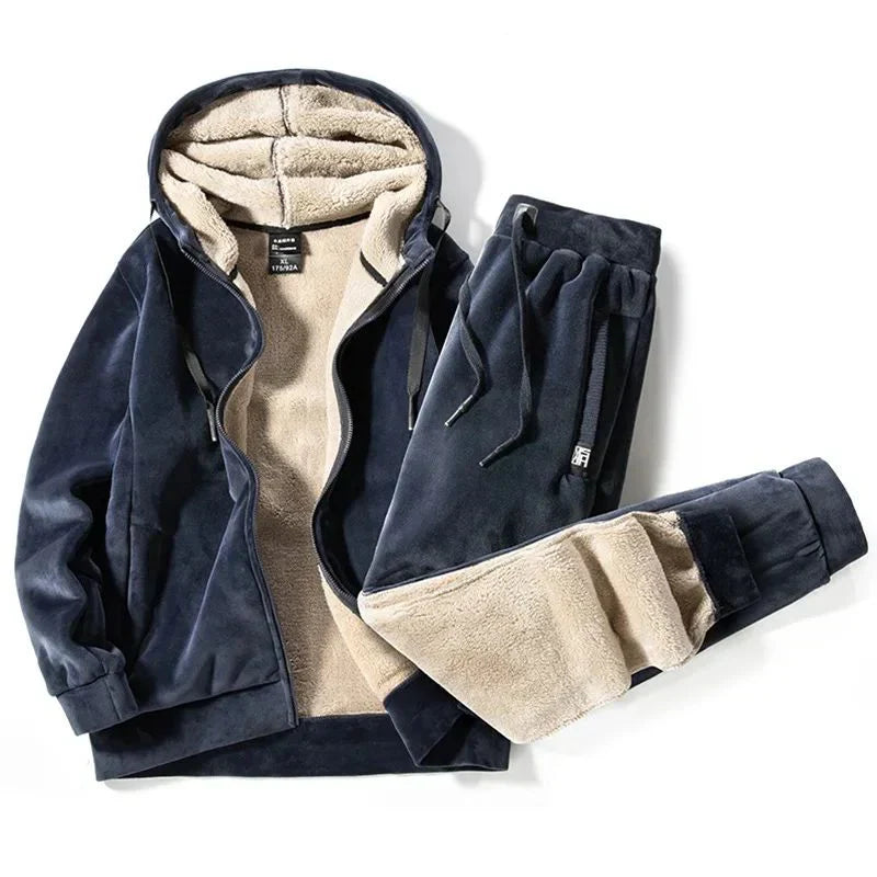 Men's Tracksuit Two Piece Set Fleece Hooded Jacket Tapered Joggers Winter