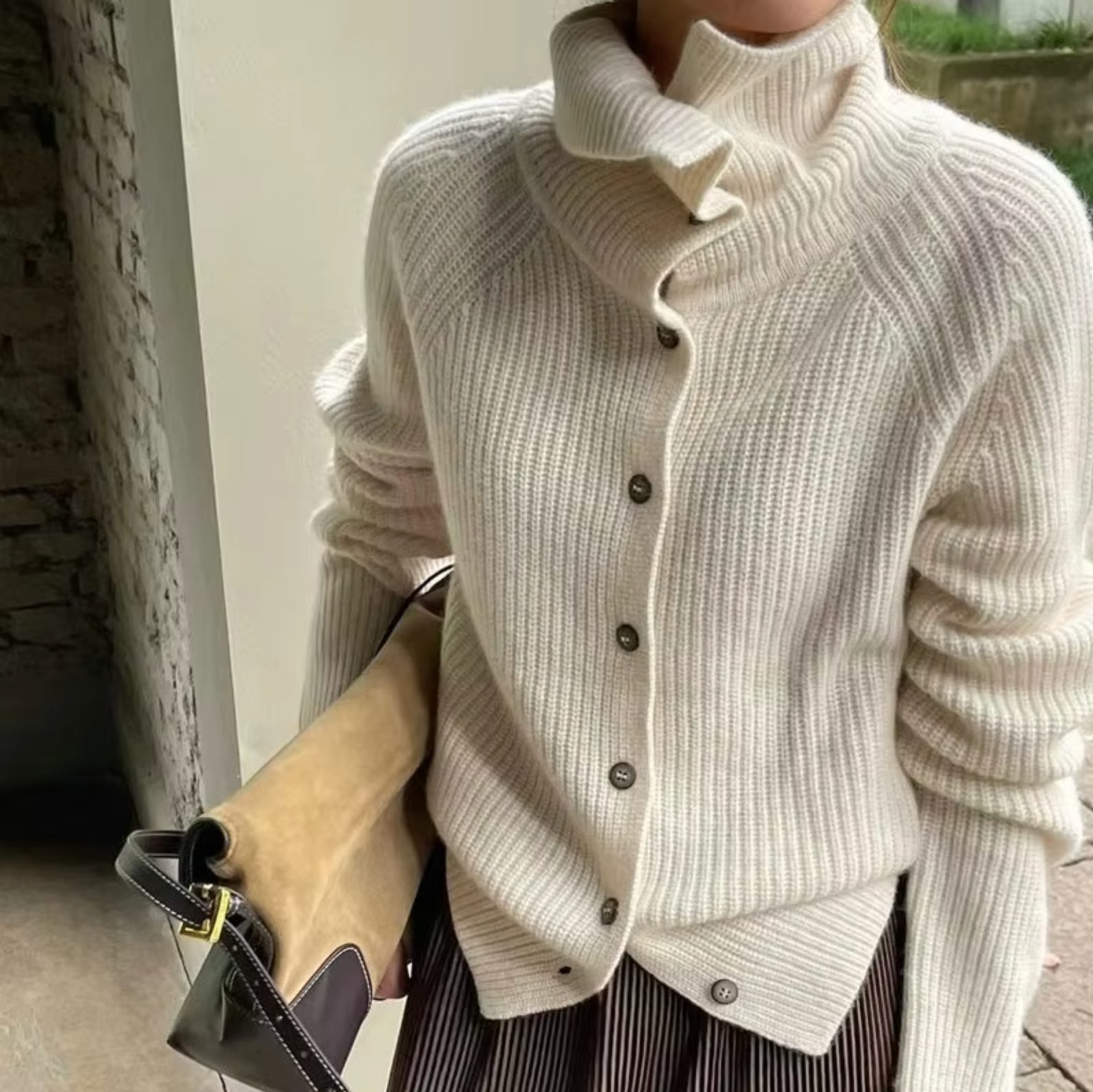 Women's Turtleneck Cardigan Button Front Ribbed Knit Oversized Polo Neck