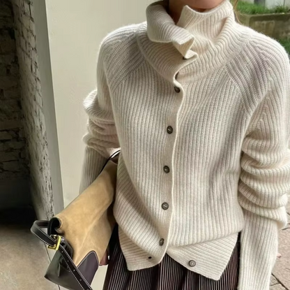 Women's Turtleneck Cardigan Button Front Ribbed Knit Oversized Polo Neck